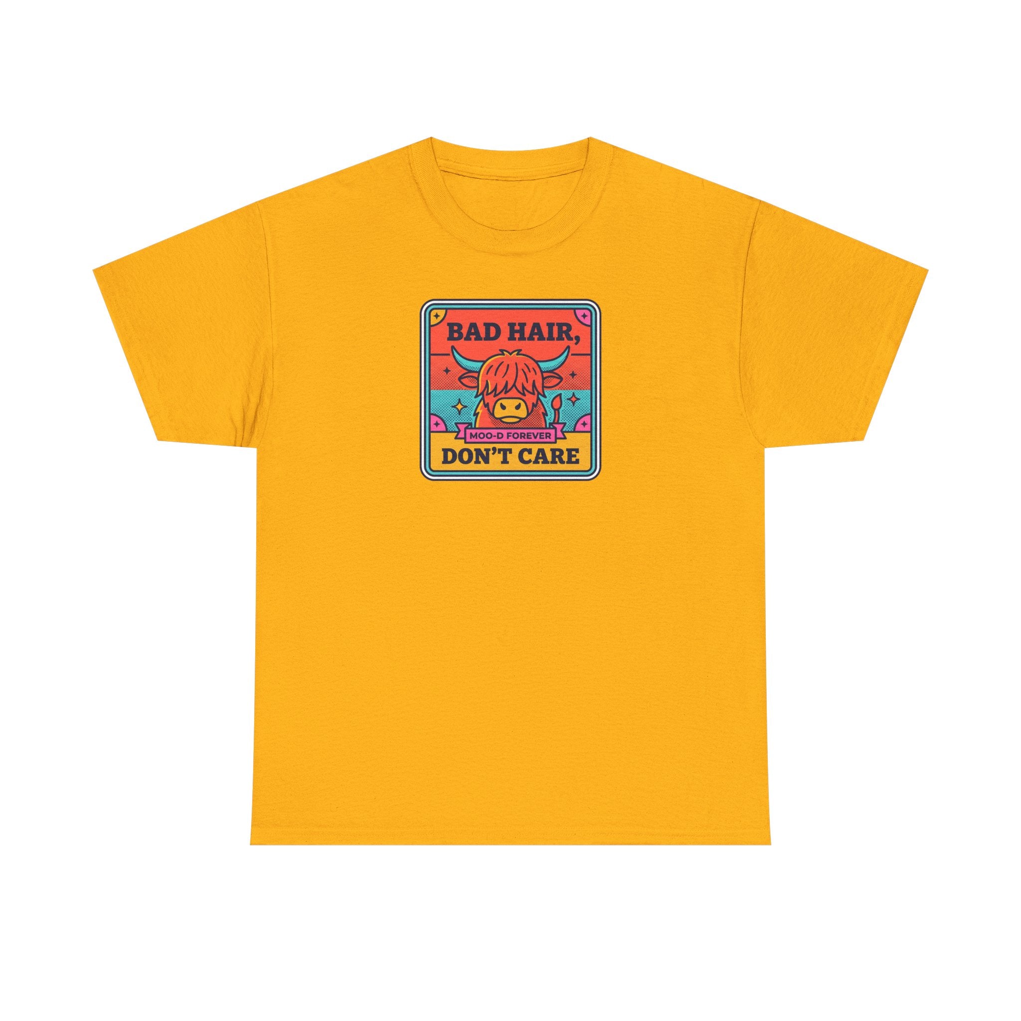 Bad Hair Don't Care T-Shirt | Funny Highland Cow Moo-d Graphic Tee | Cattle Humor Gift