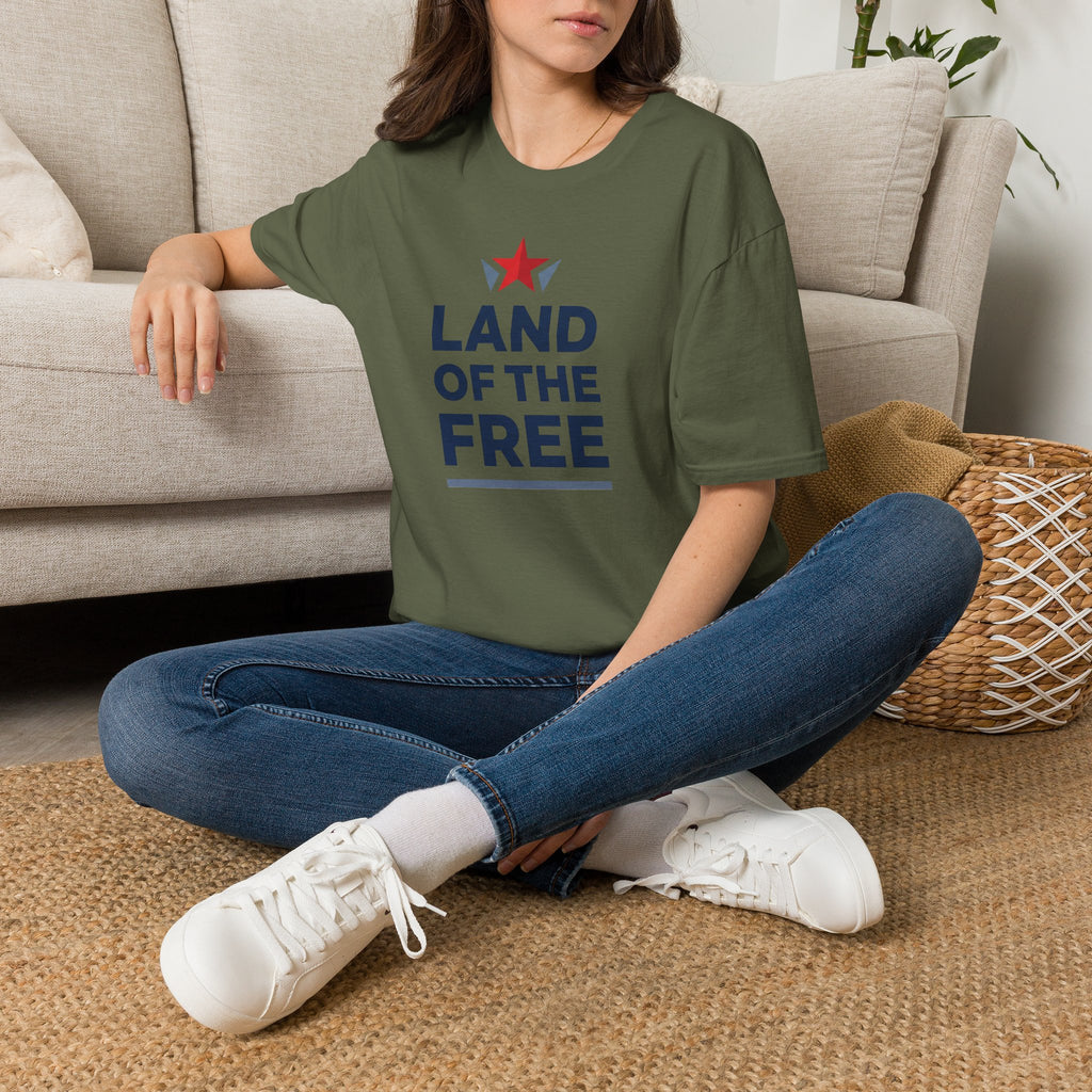 Olive green short-sleeve T-shirt with “LAND OF THE FREE” text and red star