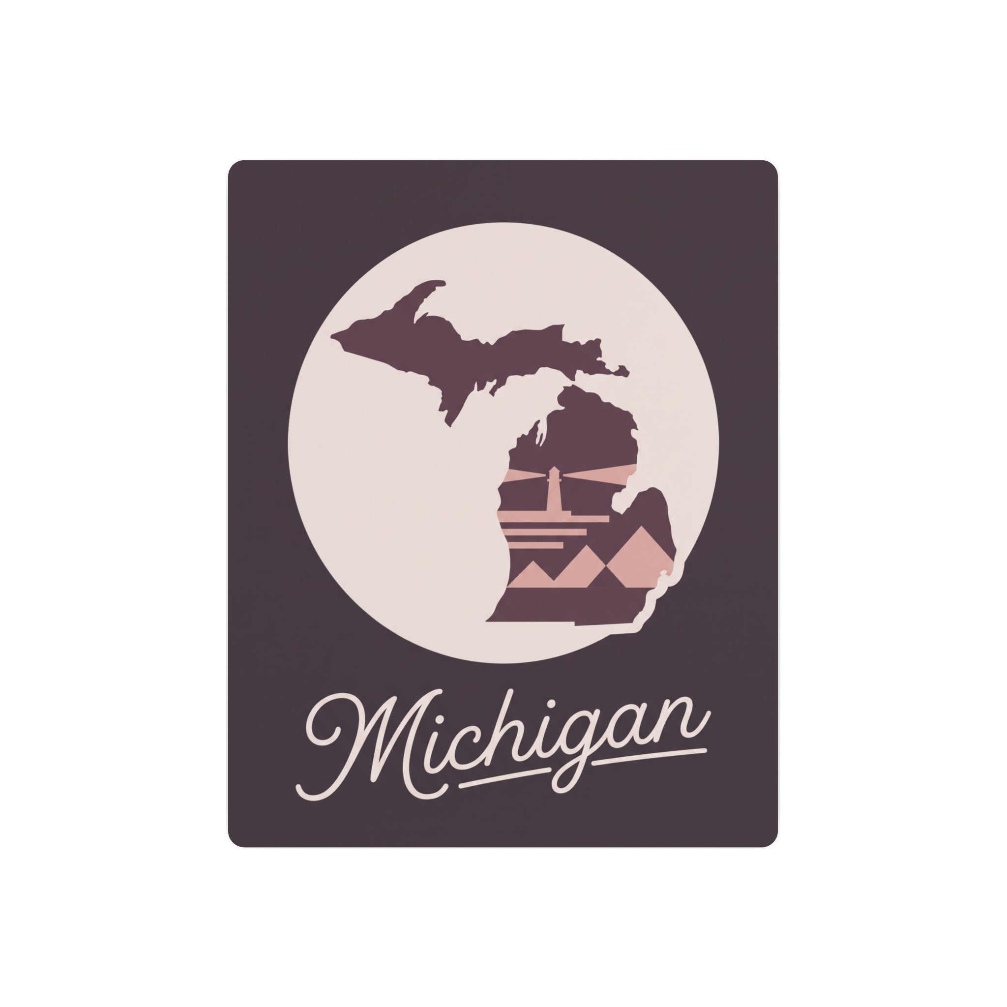 Mauve metal wall art plaque with pale circle Michigan silhouette and 'Michigan' script