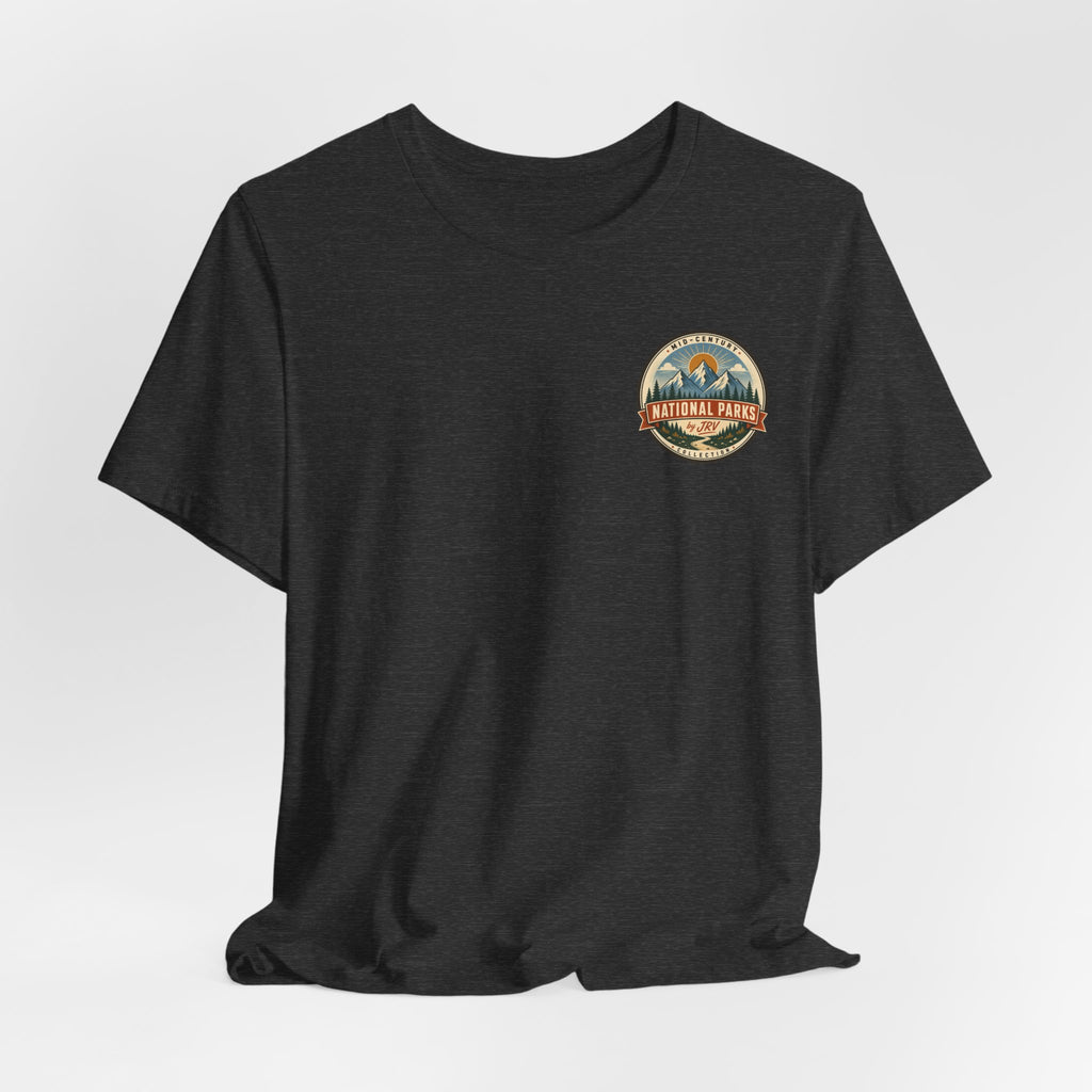Black crewneck t-shirt with National Park emblem patch at chest