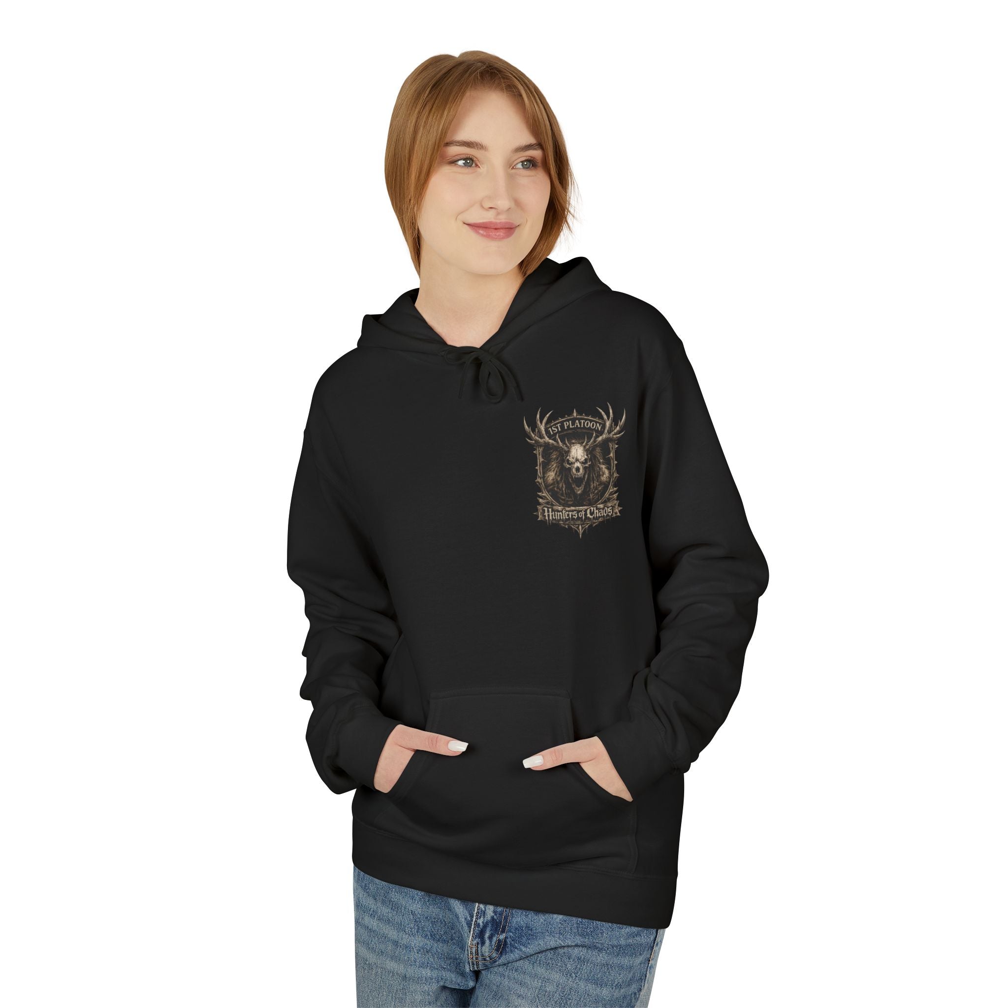 Black cotton hoodie worn by model, front deer emblem graphic and kangaroo pocket