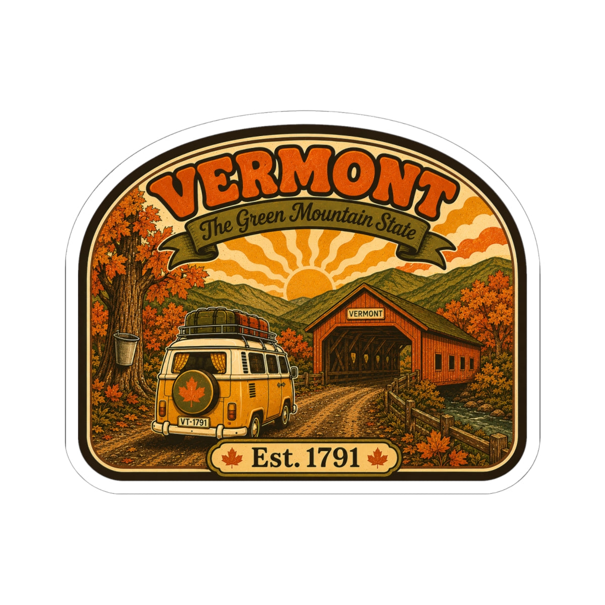 Arched Vermont sticker featuring van, covered bridge, and fall foliage, Est. 1791