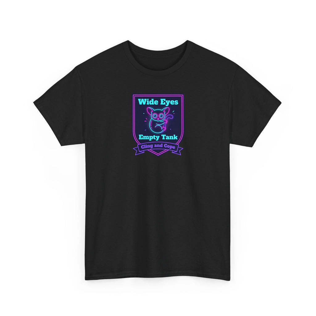 Wide Eyes Empty Tank T-shirt | Owl Illustration, Neon Purple & Teal Badge