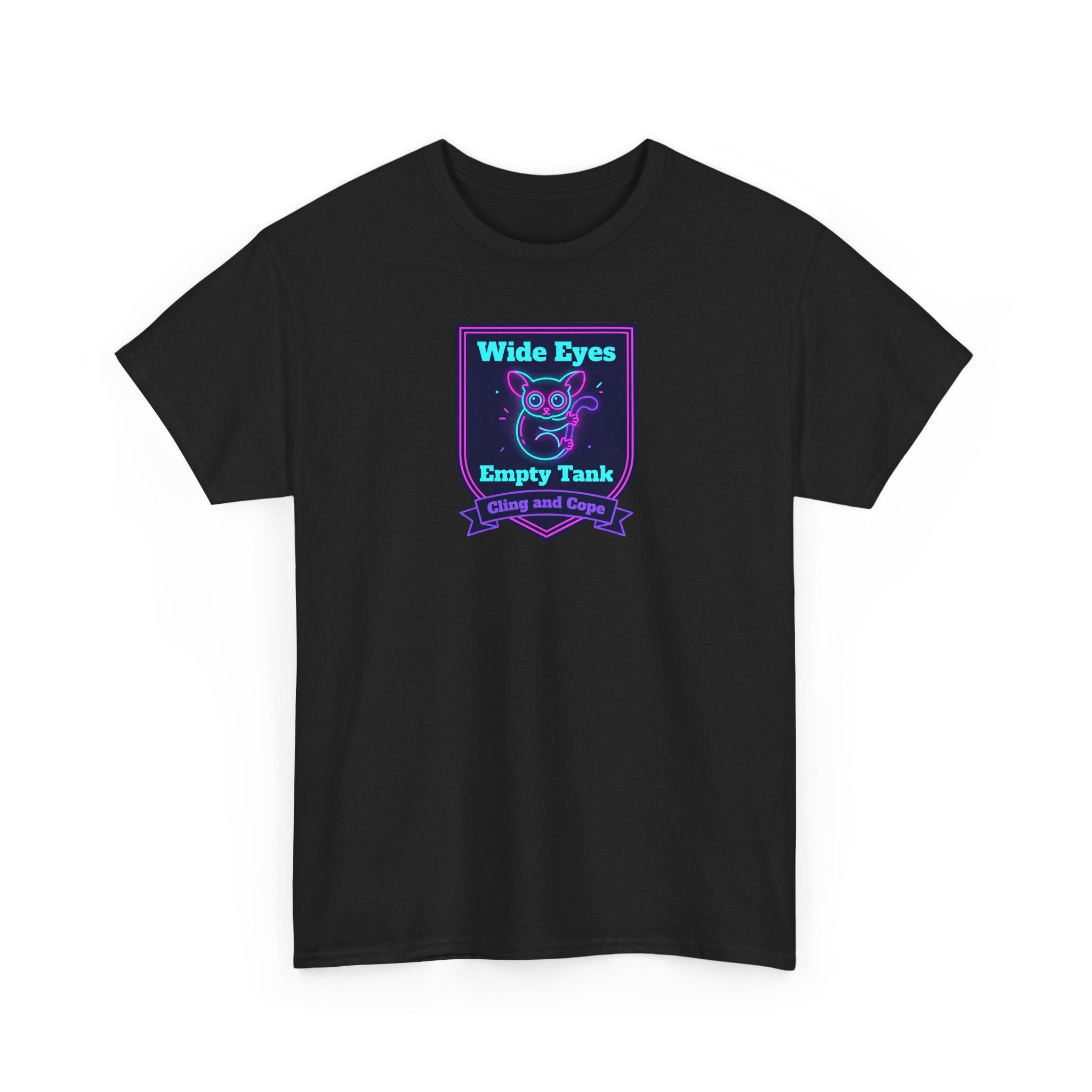 Wide Eyes Empty Tank T-shirt | Owl Illustration, Neon Purple & Teal Badge