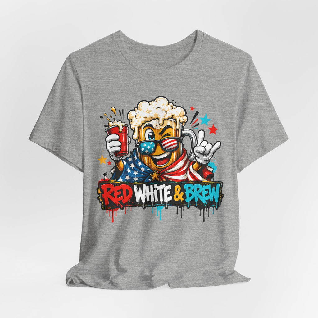 Red White & Brew 4th of July T-Shirt | Patriotic Beer Mascot American Flag Graphic Tee