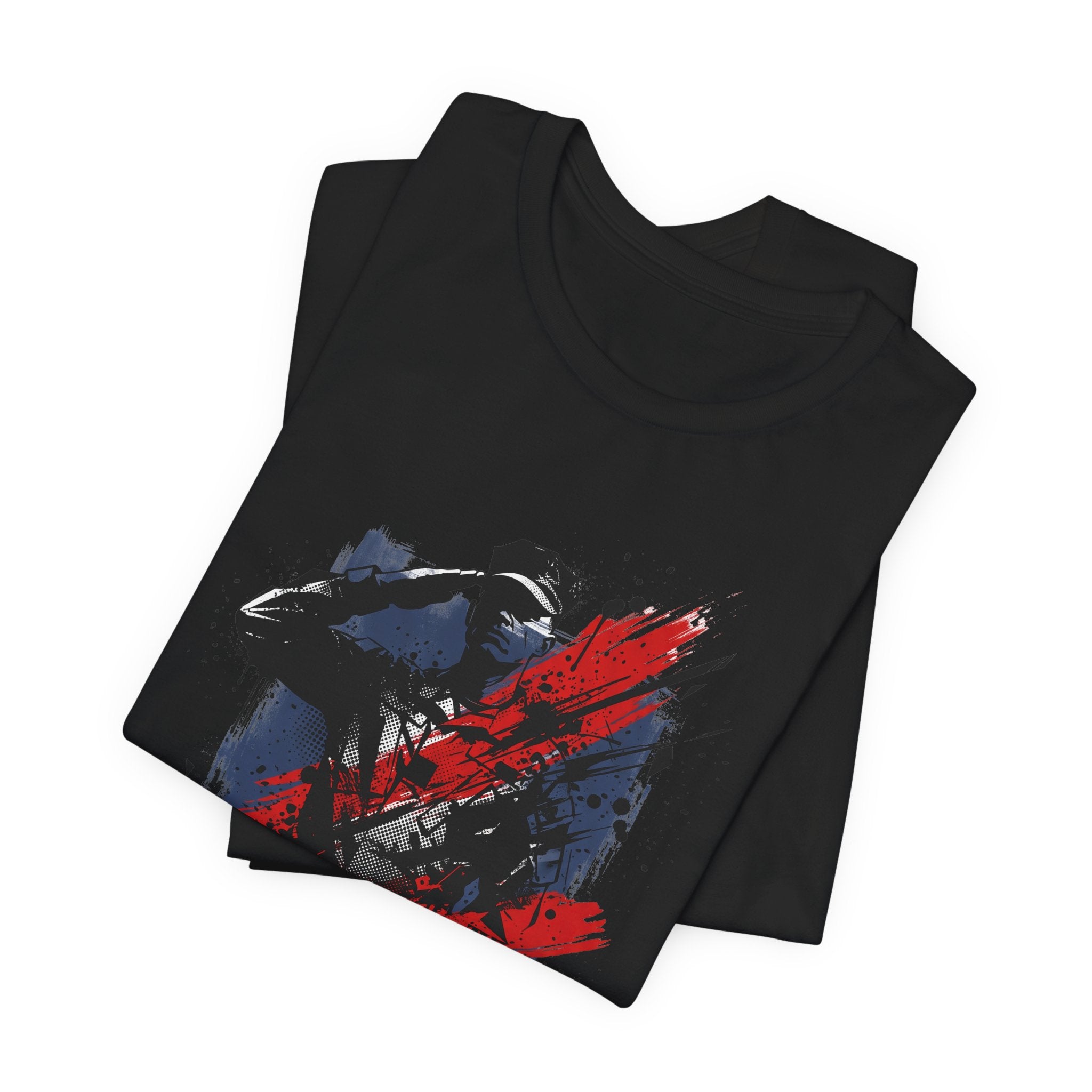 Black T-shirt with front graphic of soldier silhouette in red and blue paint splatter