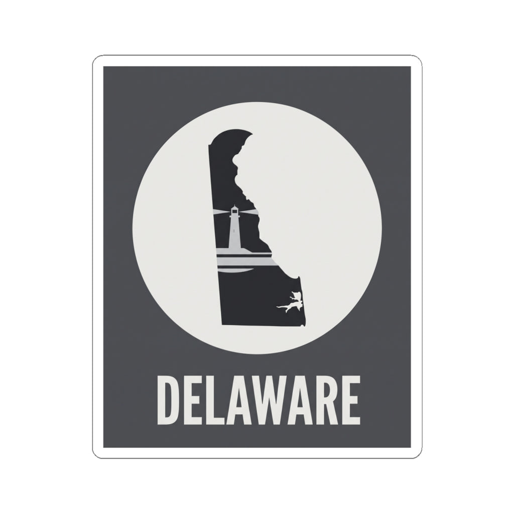 Delaware state silhouette sticker, white circular badge, black figure, DELAWARE wordmark