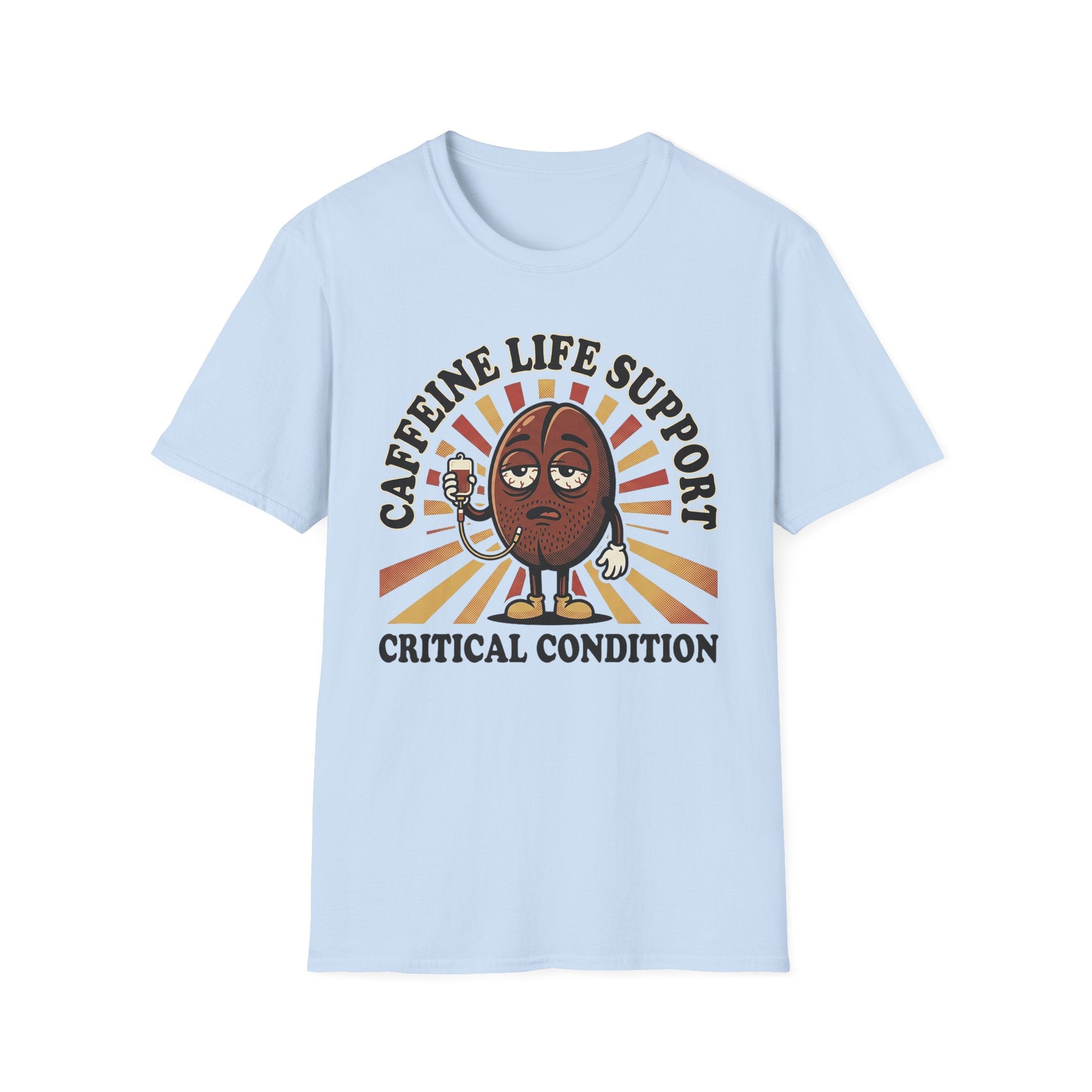 Light blue T-shirt featuring coffee bean cartoon and “CRITICAL CONDITION” print