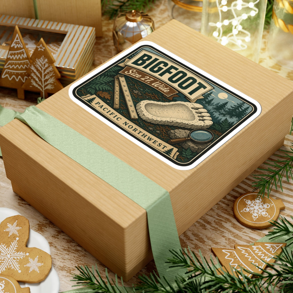Bigfoot footprint sticker on gift box, retro camping design with Size 27, Wide text