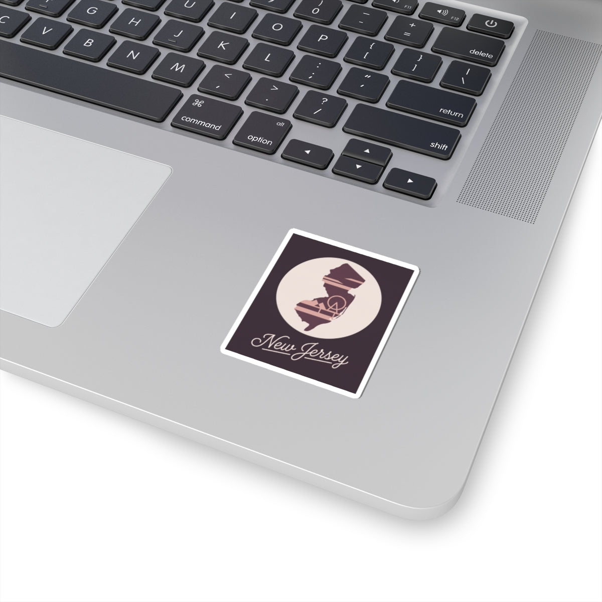 Square New Jersey silhouette decal, maroon with white border and centered icon