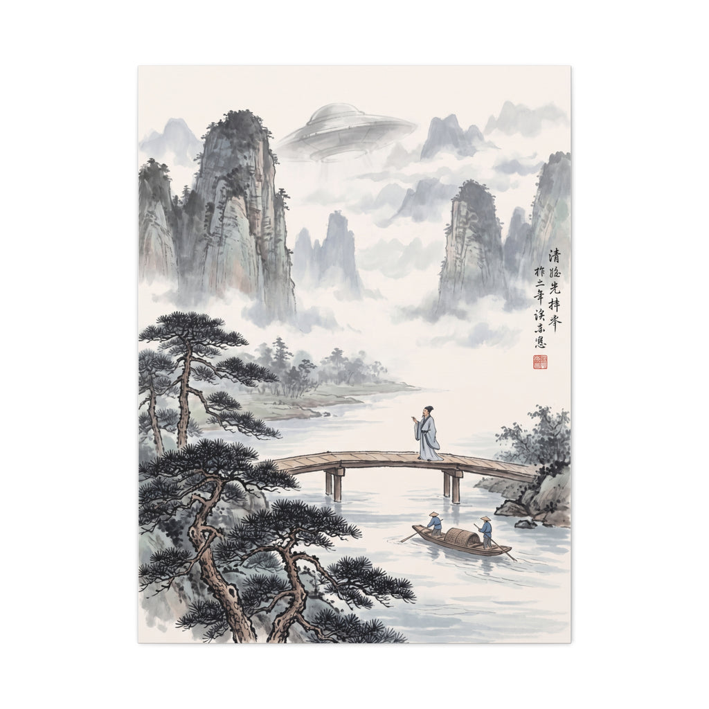 Framed landscape wall art print with pine branches, misty peaks, and a wooden pier