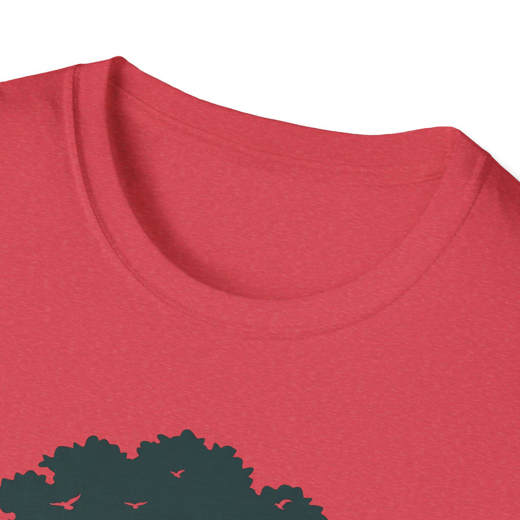 Red T-shirt neckline and banyan tree graphic with birds