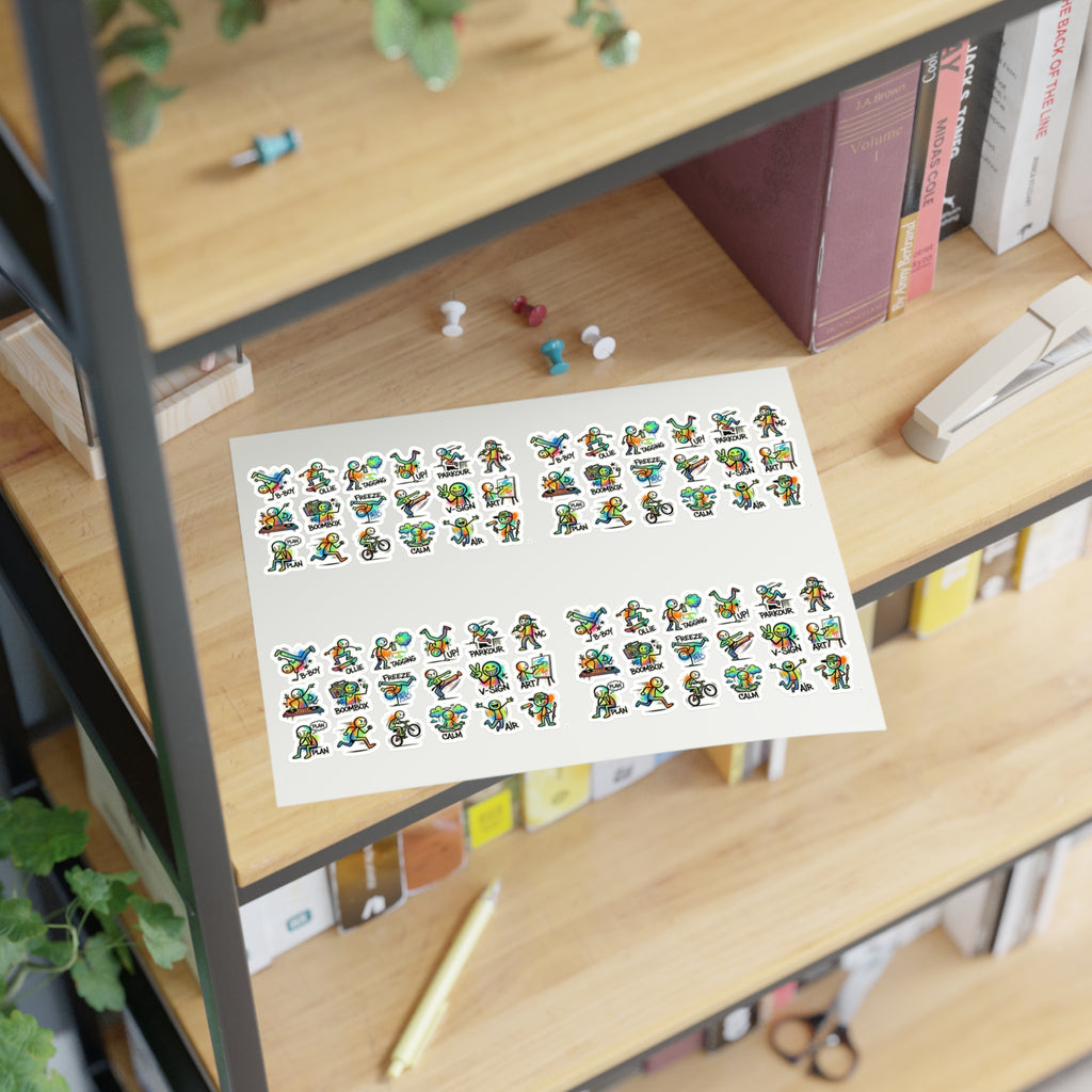 Stickerbogen auf Holzregal: viele kleine Charaktere mit Action-Labels