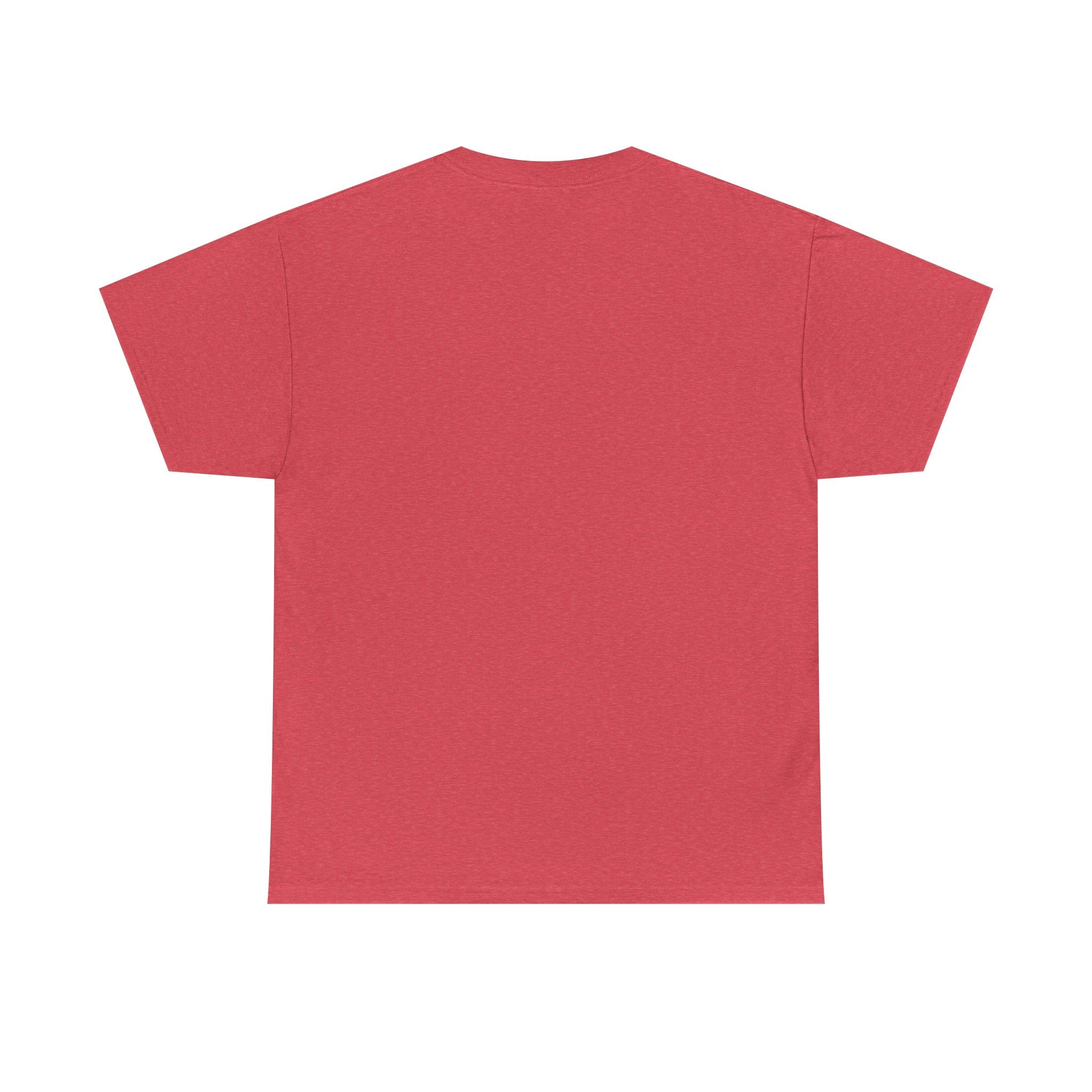 Red T-shirt back view, crew neck, plain fabric, no graphic