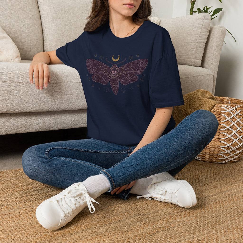 Navy crewneck T-shirt with moth and crescent moon graphic
