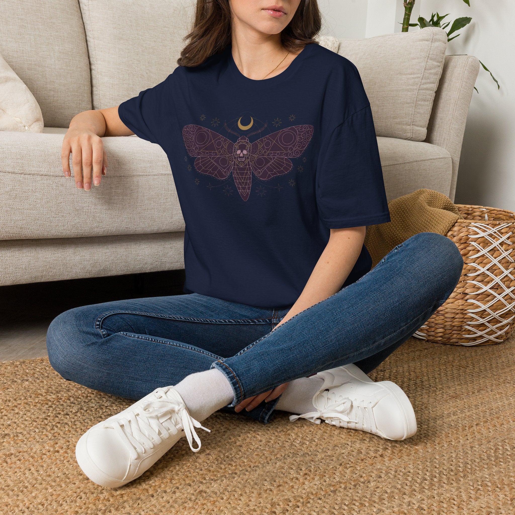 Navy crewneck T-shirt with moth and crescent moon graphic