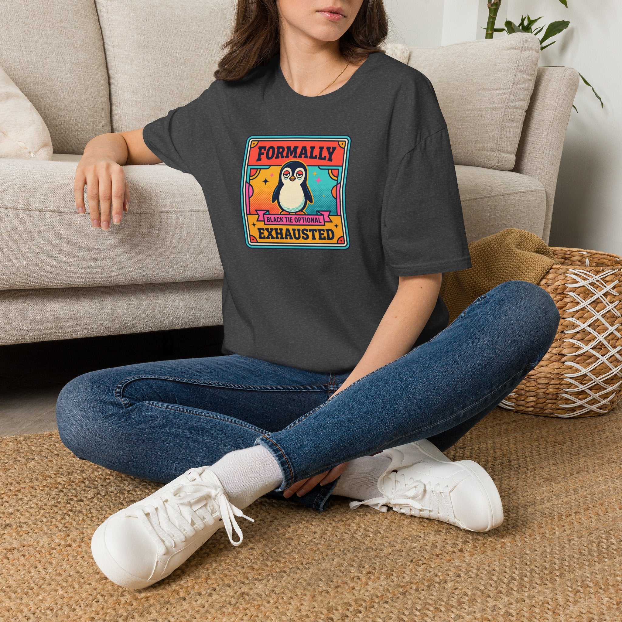 Funny Penguin T-Shirt | Formally Exhausted Black Tie Optional Retro Graphic Tee | Penguin Gift