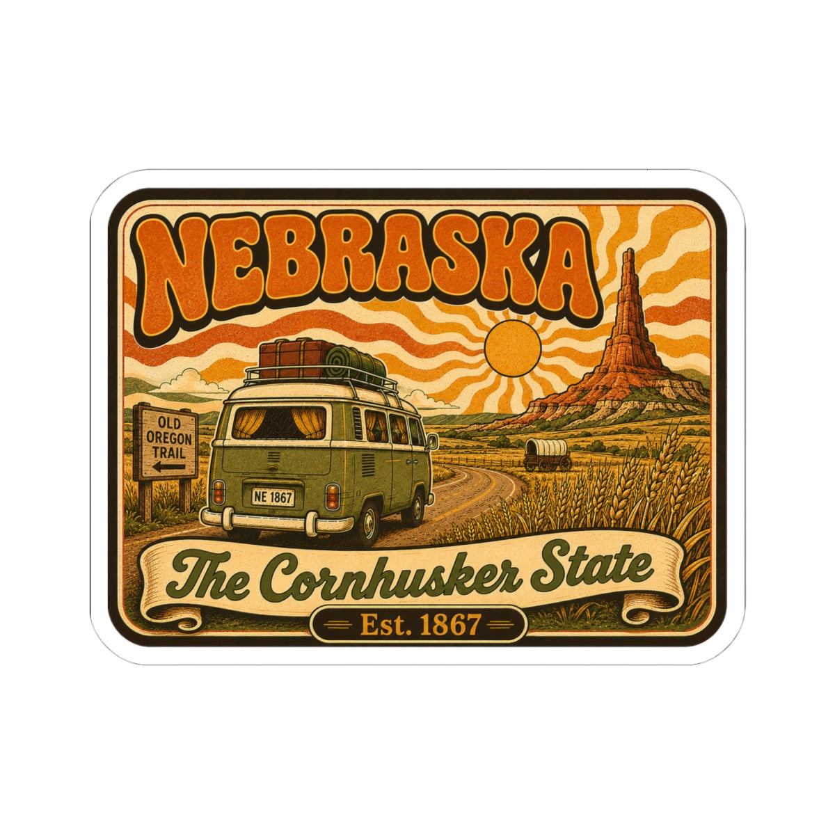 Nebraska vintage van kiss-cut sticker with rounded white border and state text