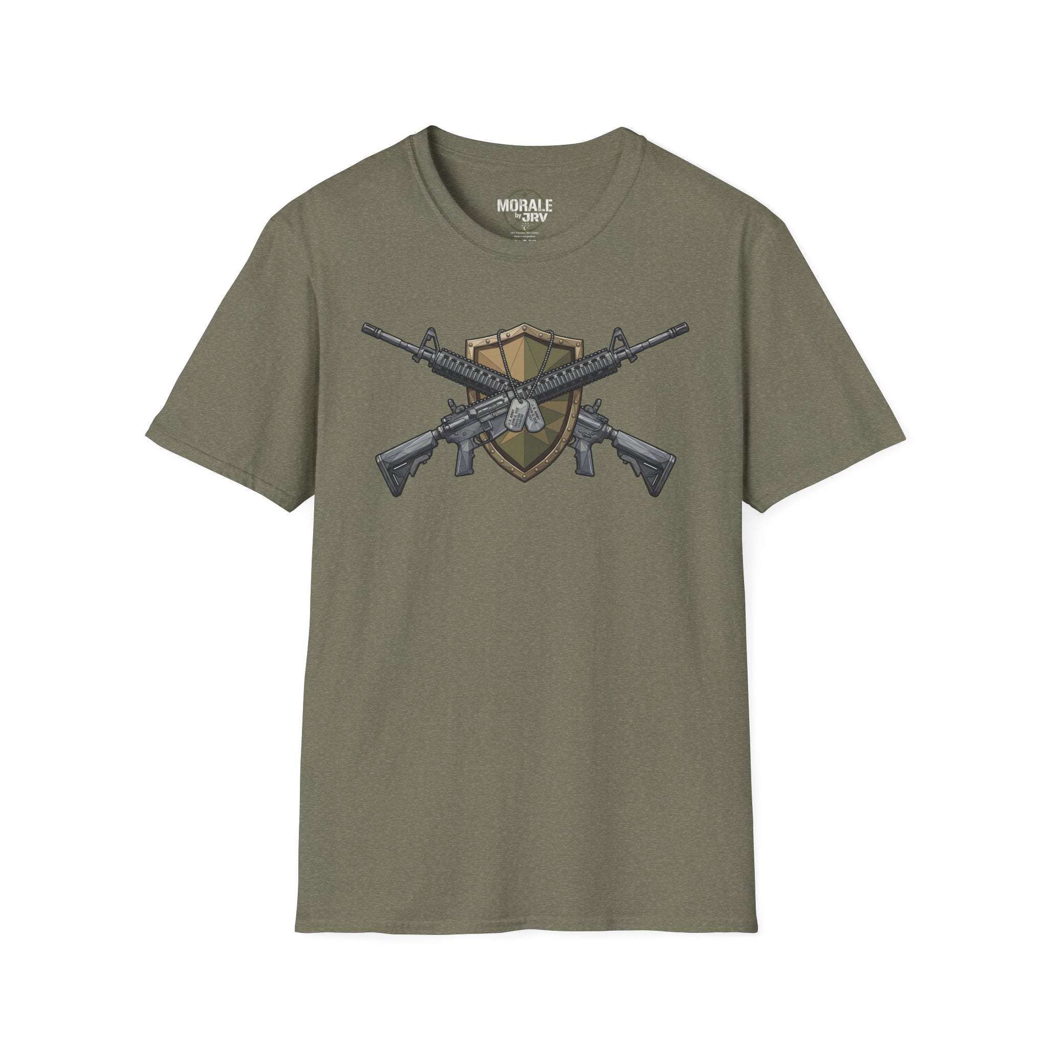 Heather military green crew-neck T-shirt with crossed rifles shield emblem graphic