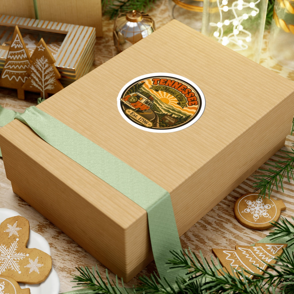 Round Tennessee Music City sticker on a gift box, orange van scene with Est. 1796
