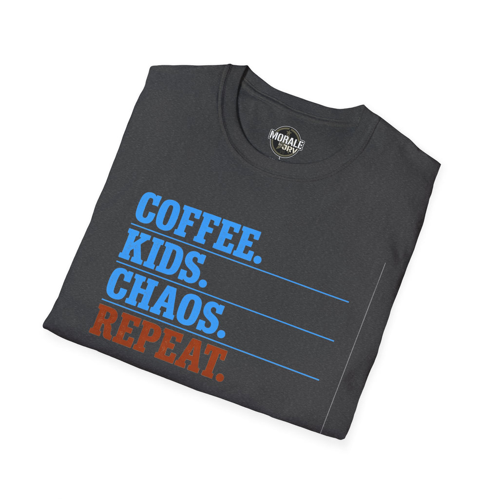Dark heather T-shirt front with 'COFFEE. KIDS. CHAOS. REPEAT.' print