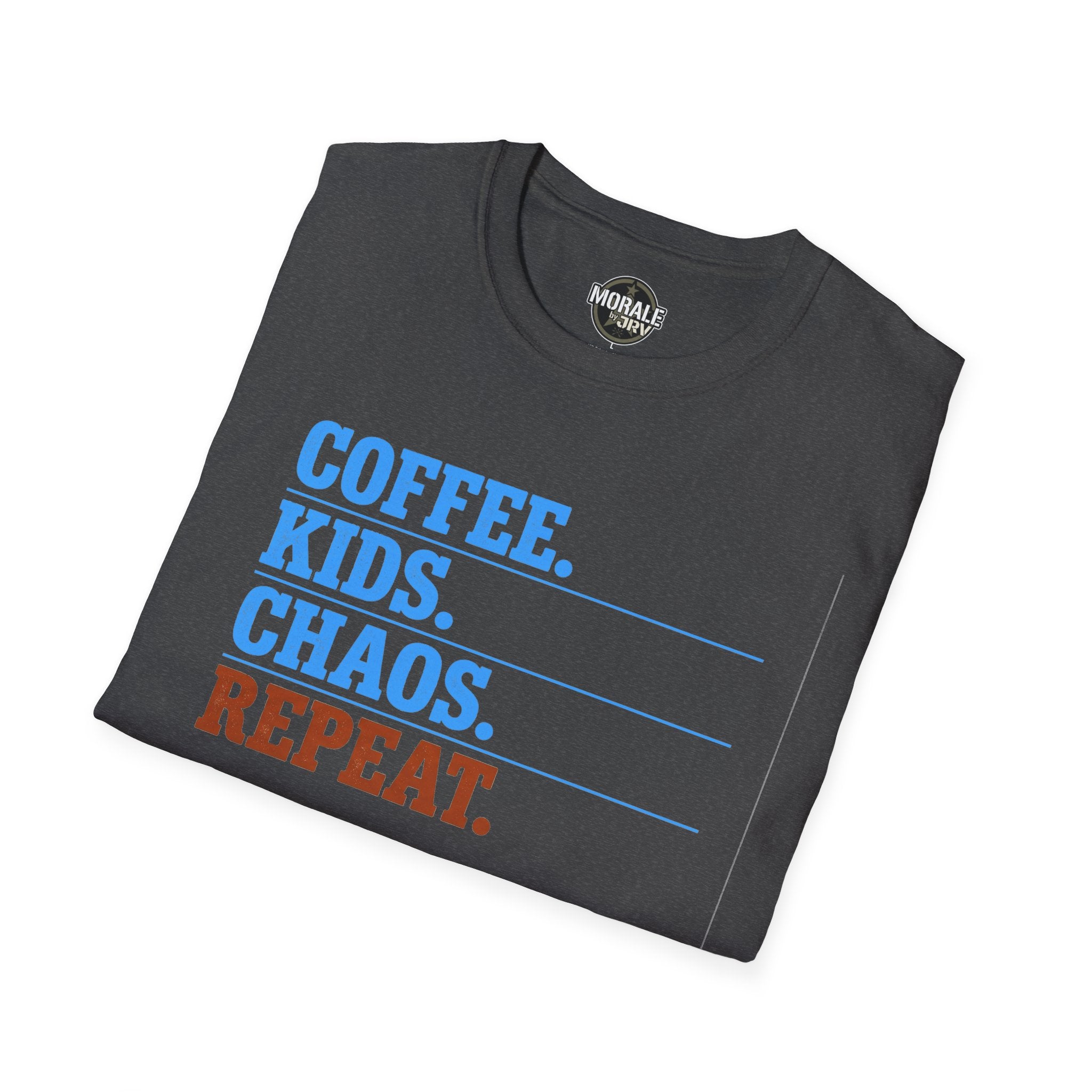 Dark heather T-shirt front with 'COFFEE. KIDS. CHAOS. REPEAT.' print