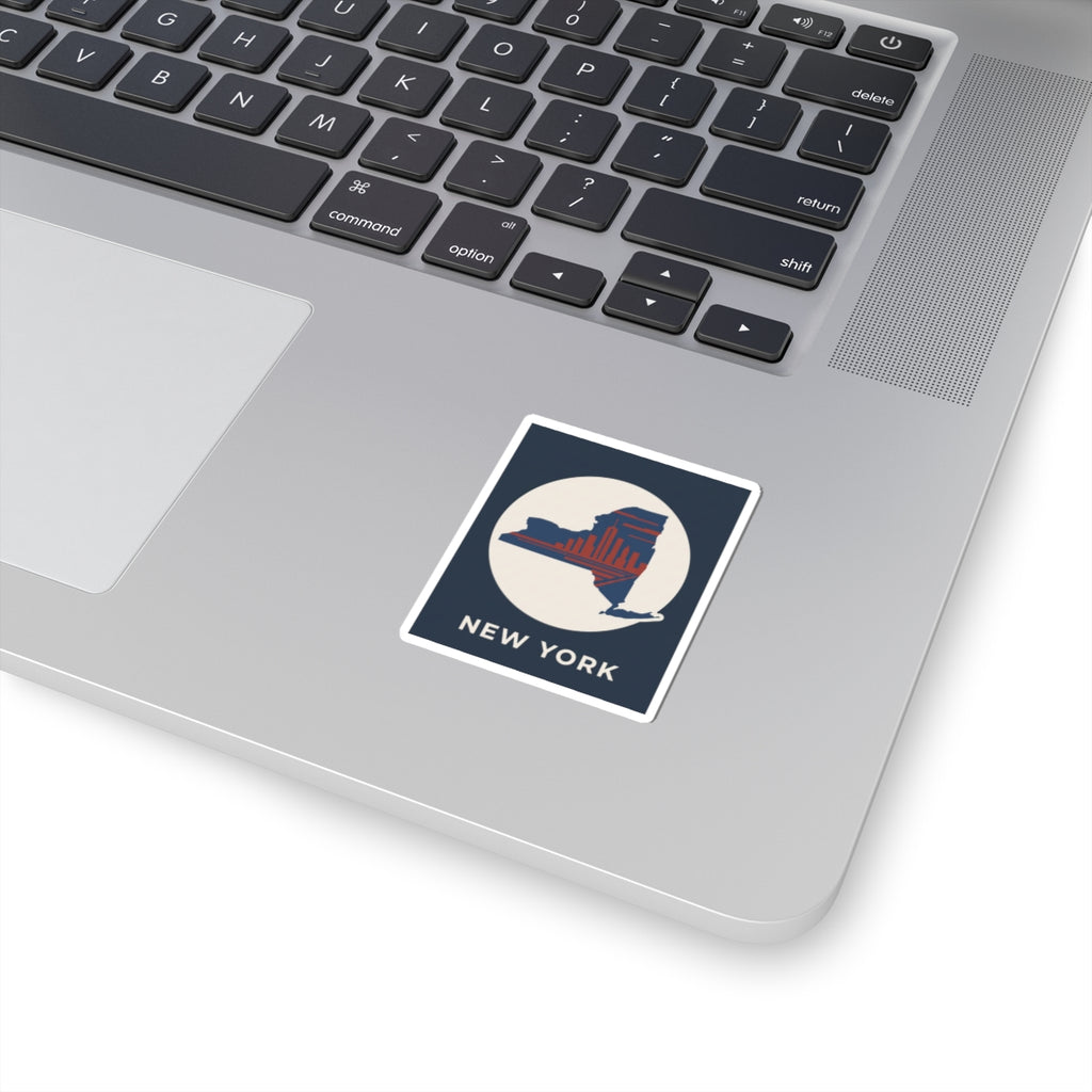 Square retro New York state skyline sticker with white border and blue/red silhouette