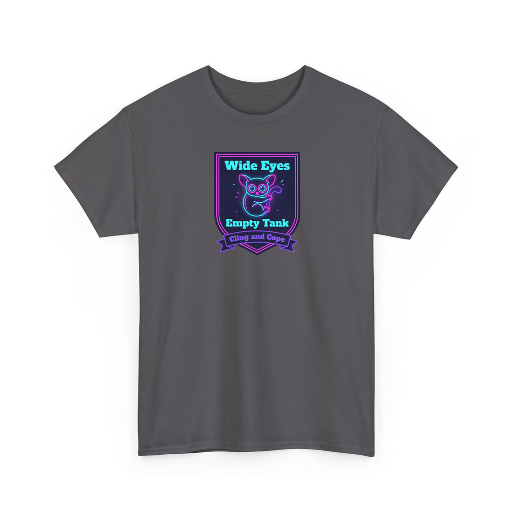 Wide Eyes Empty Tank T-shirt | Owl Illustration, Neon Purple & Teal Badge