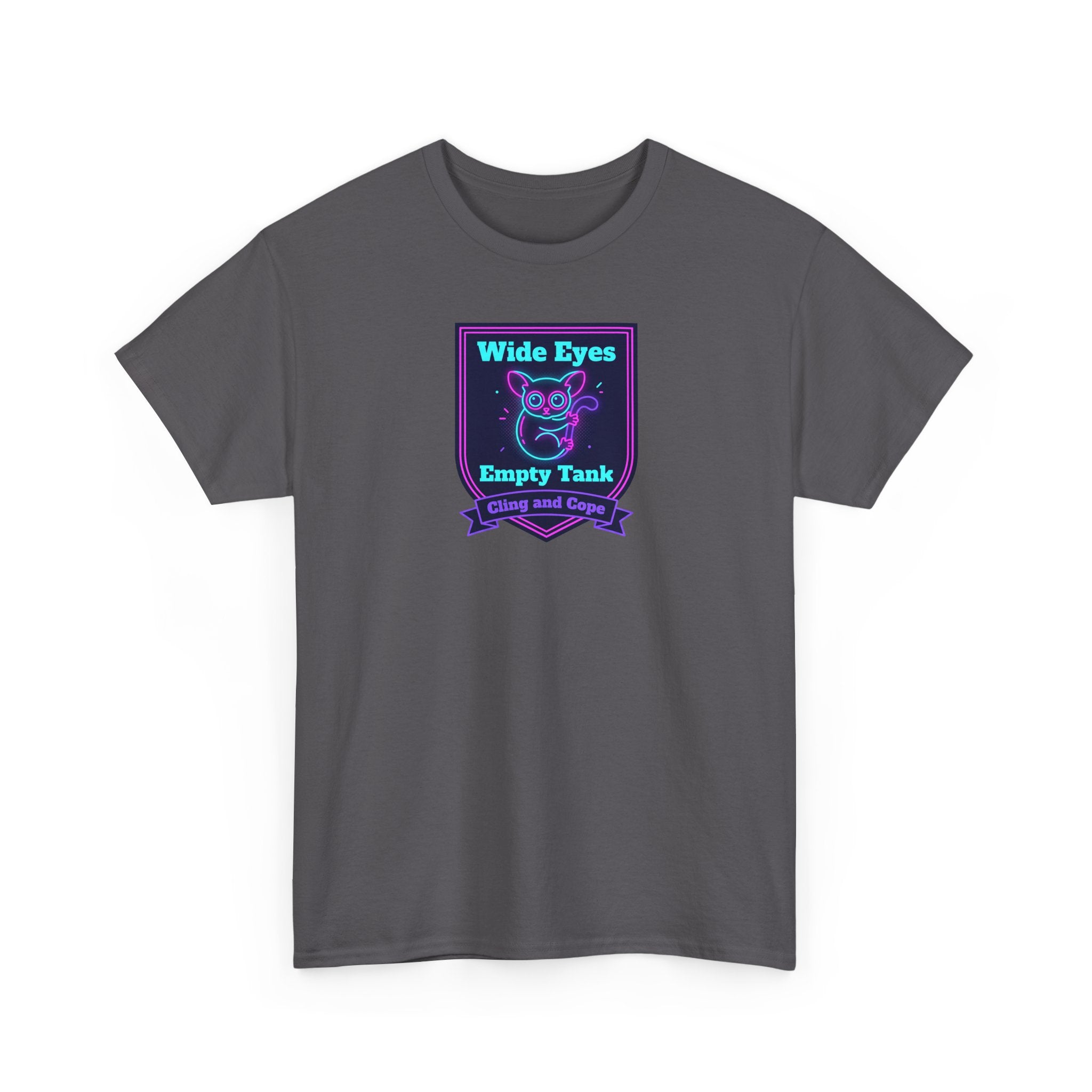Wide Eyes Empty Tank T-shirt | Owl Illustration, Neon Purple & Teal Badge