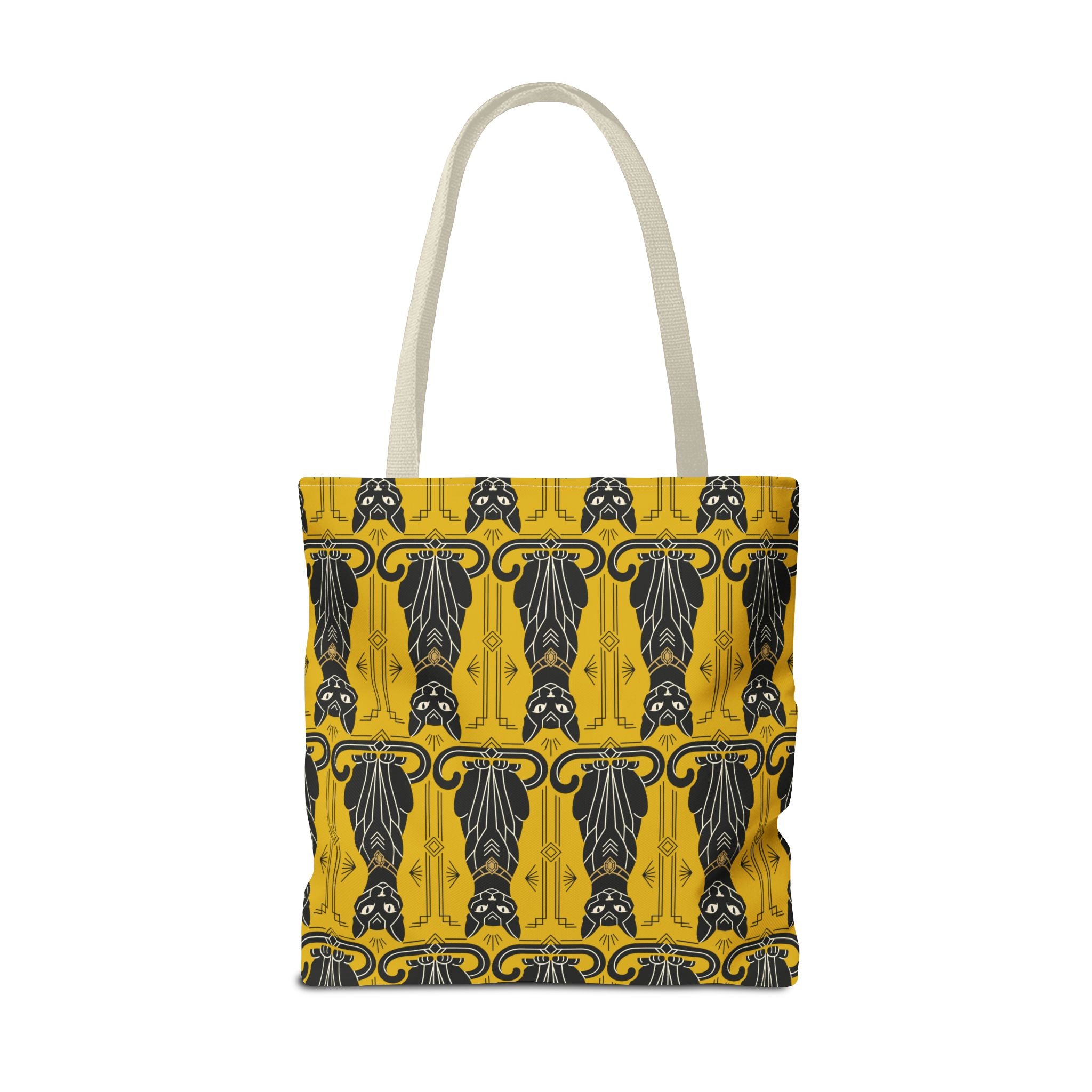 Yellow cat-pattern tote bag front view with light beige handles and navy cat repeat