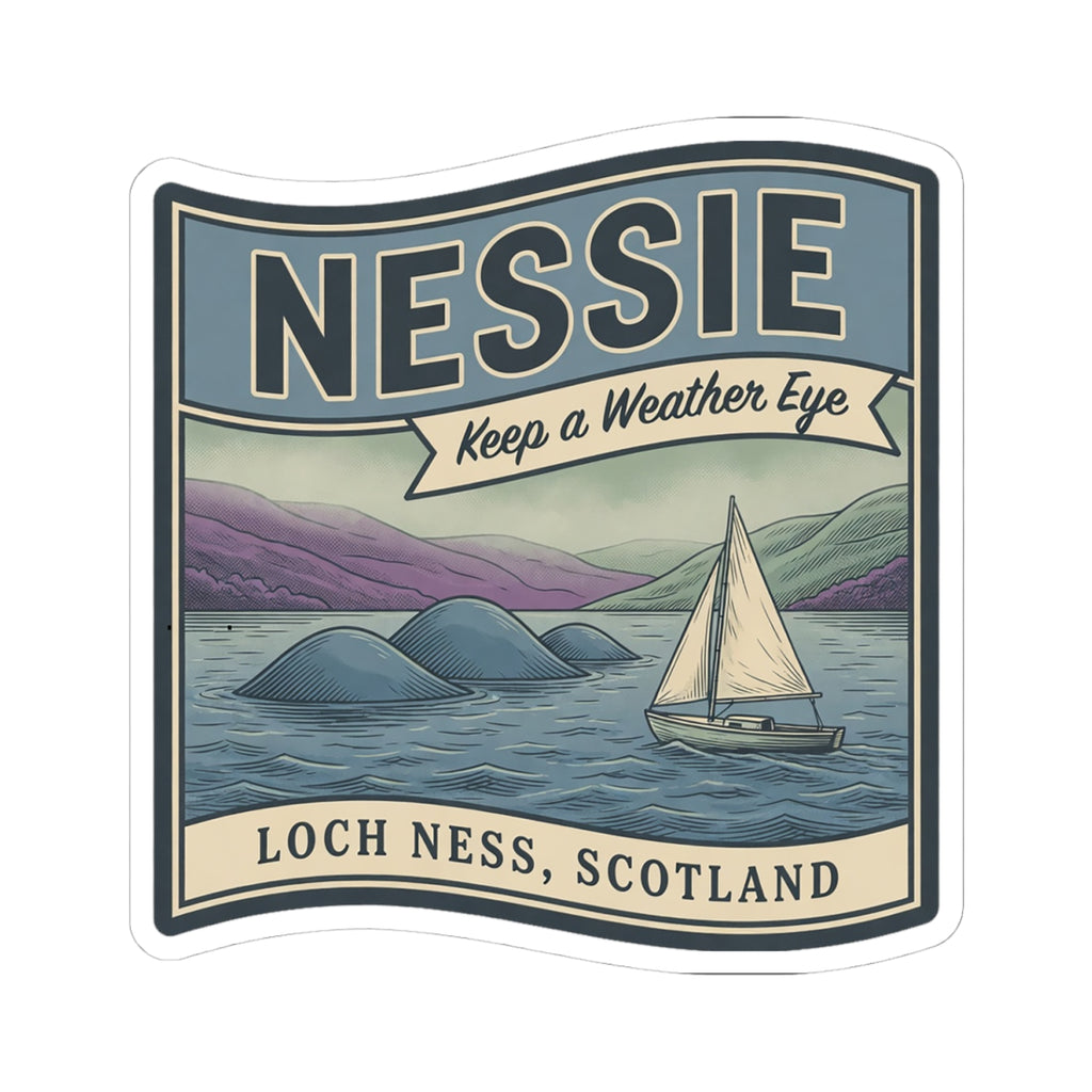 Loch Ness Scotland sticker showing Nessie and a sailboat in a vintage poster style