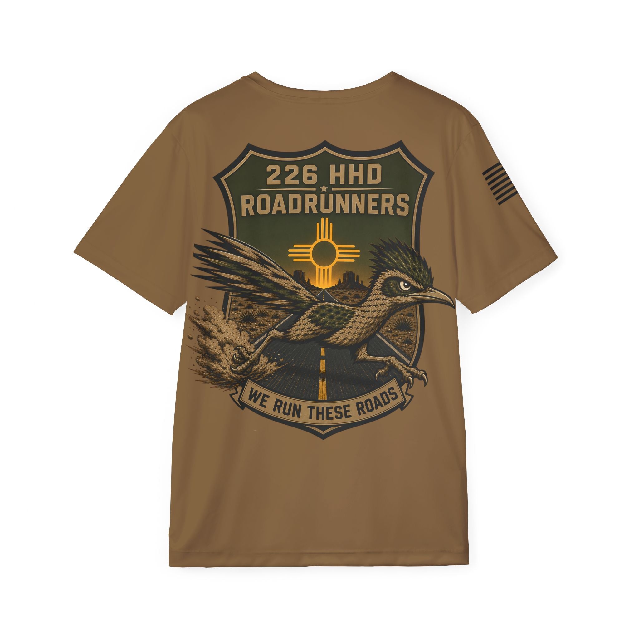Men's brown sports jersey T-shirt with large bird crest graphic and motto