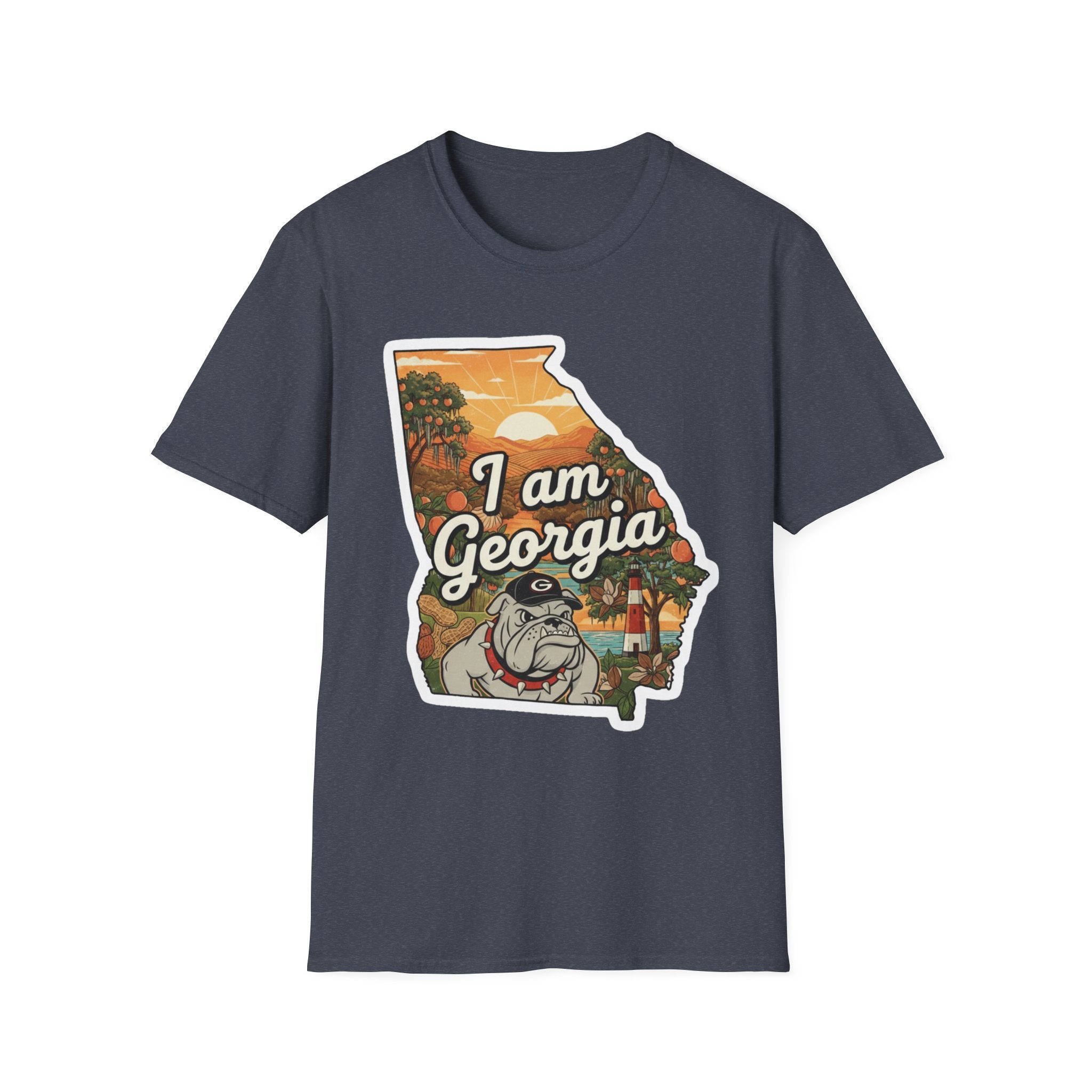 Dark heather T-shirt with Georgia map bulldog graphic and 'I am Georgia' text