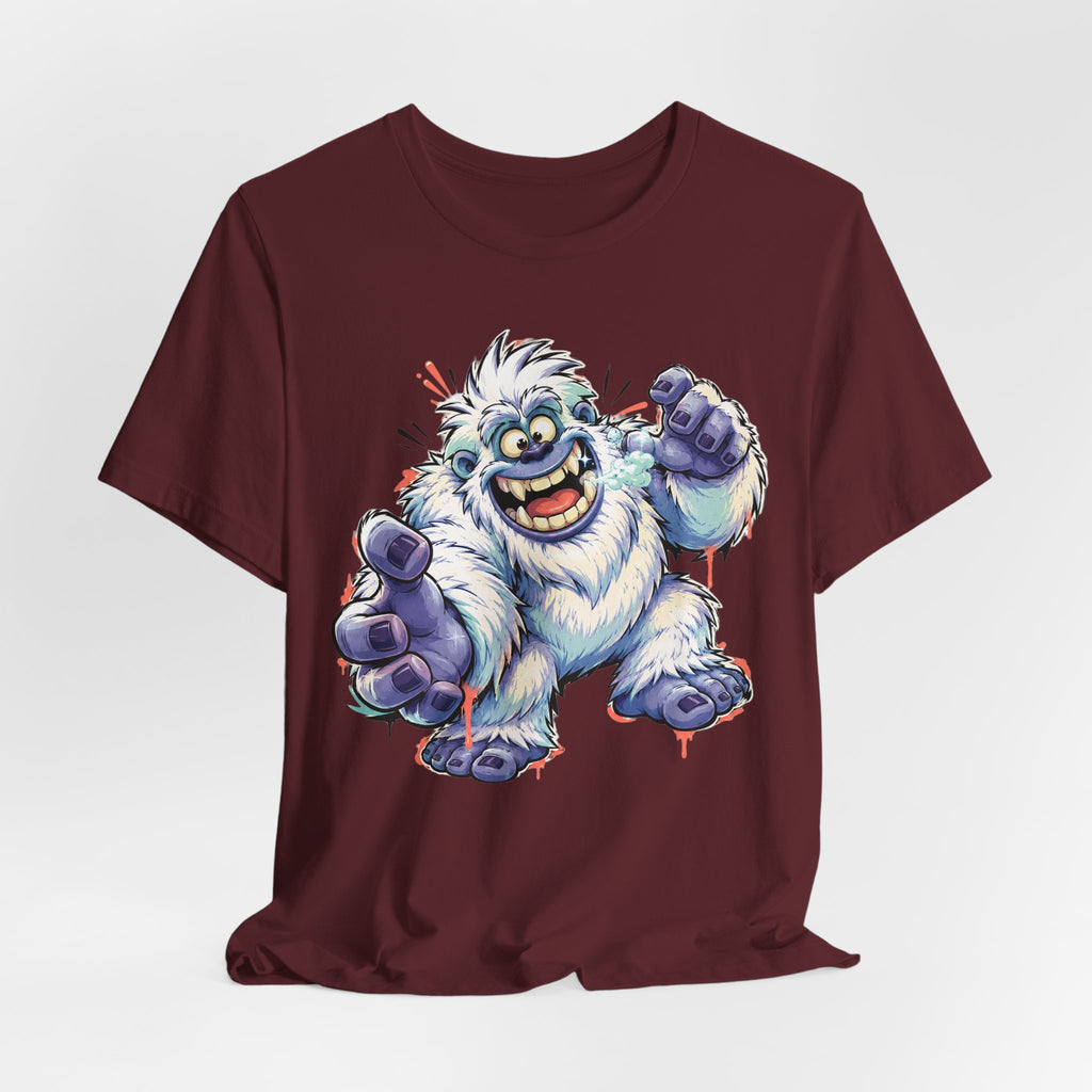 Playful Yeti Monster T-Shirt | Cartoon Sasquatch Tee, Snow Creature Illustration, Fun Unisex Gift