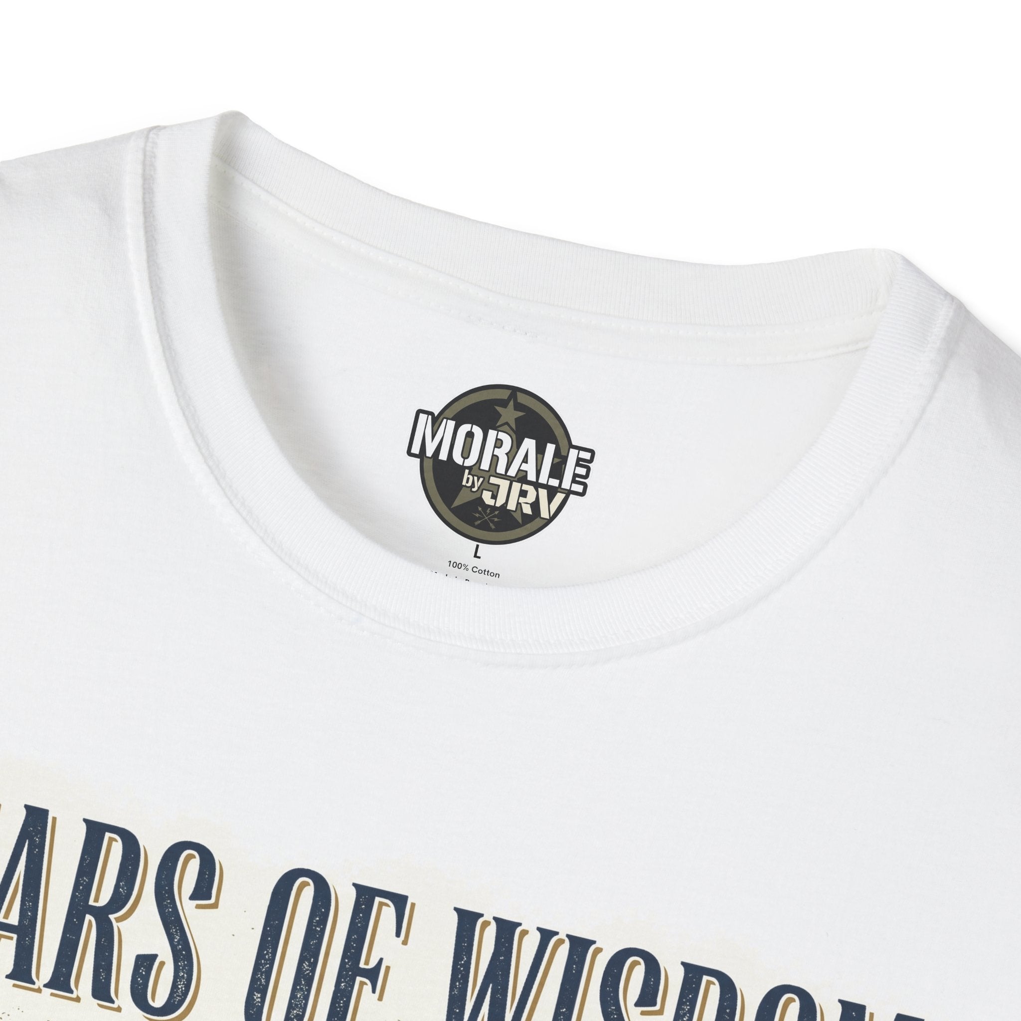 White T-shirt neckline close-up with brand logo and crew neck seam