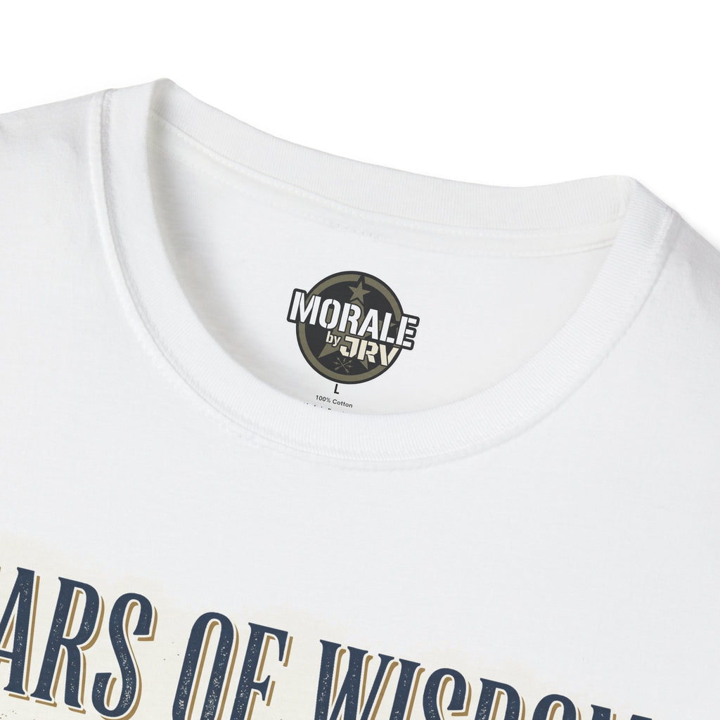 White t-shirt neckline close-up with “Morale by Drirby” logo label