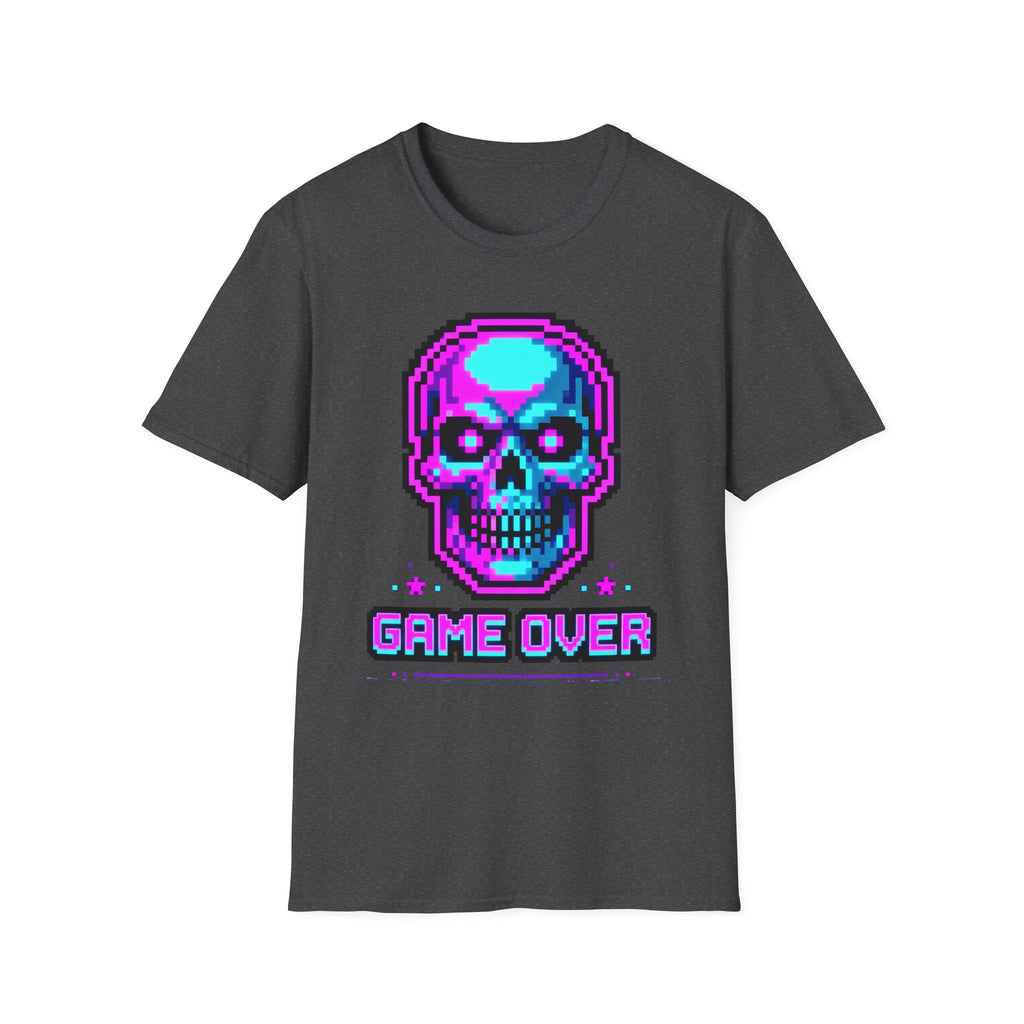 Dark gray t-shirt with pixel skull headphones graphic and 'GAME OVER' text