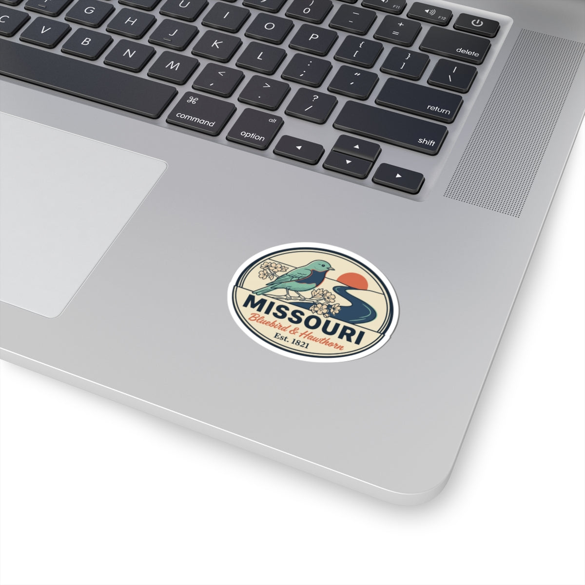 Missouri state badge sticker decal with bluebird illustration and “Missouri” text