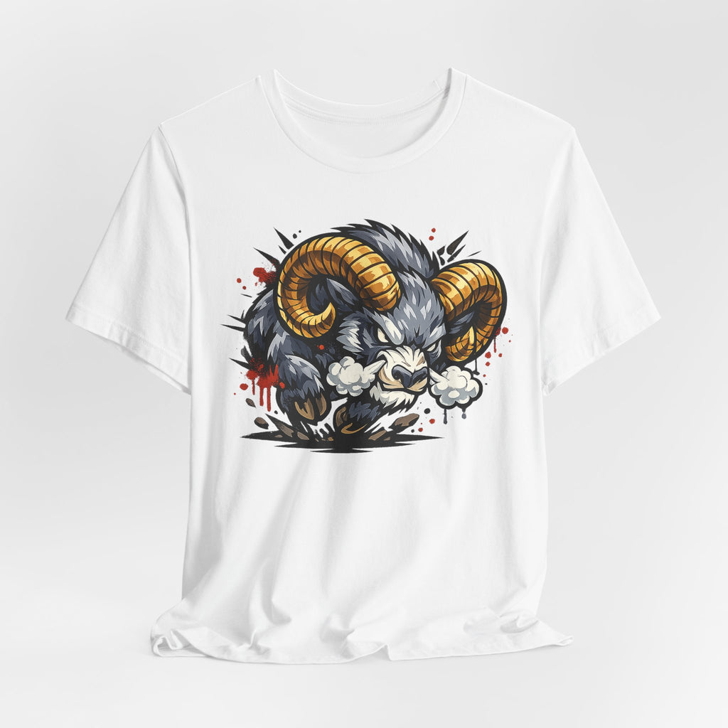 Charging Ram Illustration T-Shirt | Angry Horned Animal Graphic Tee, Wild Bighorn Art Unisex Gift