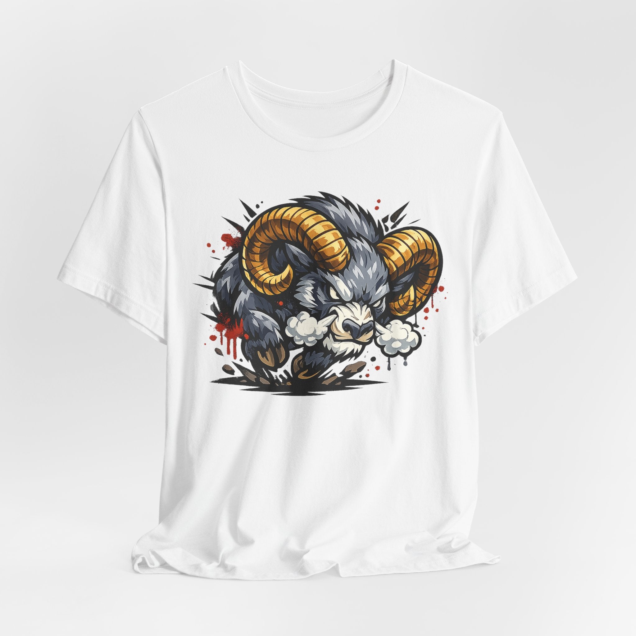 Charging Ram Illustration T-Shirt | Angry Horned Animal Graphic Tee, Wild Bighorn Art Unisex Gift