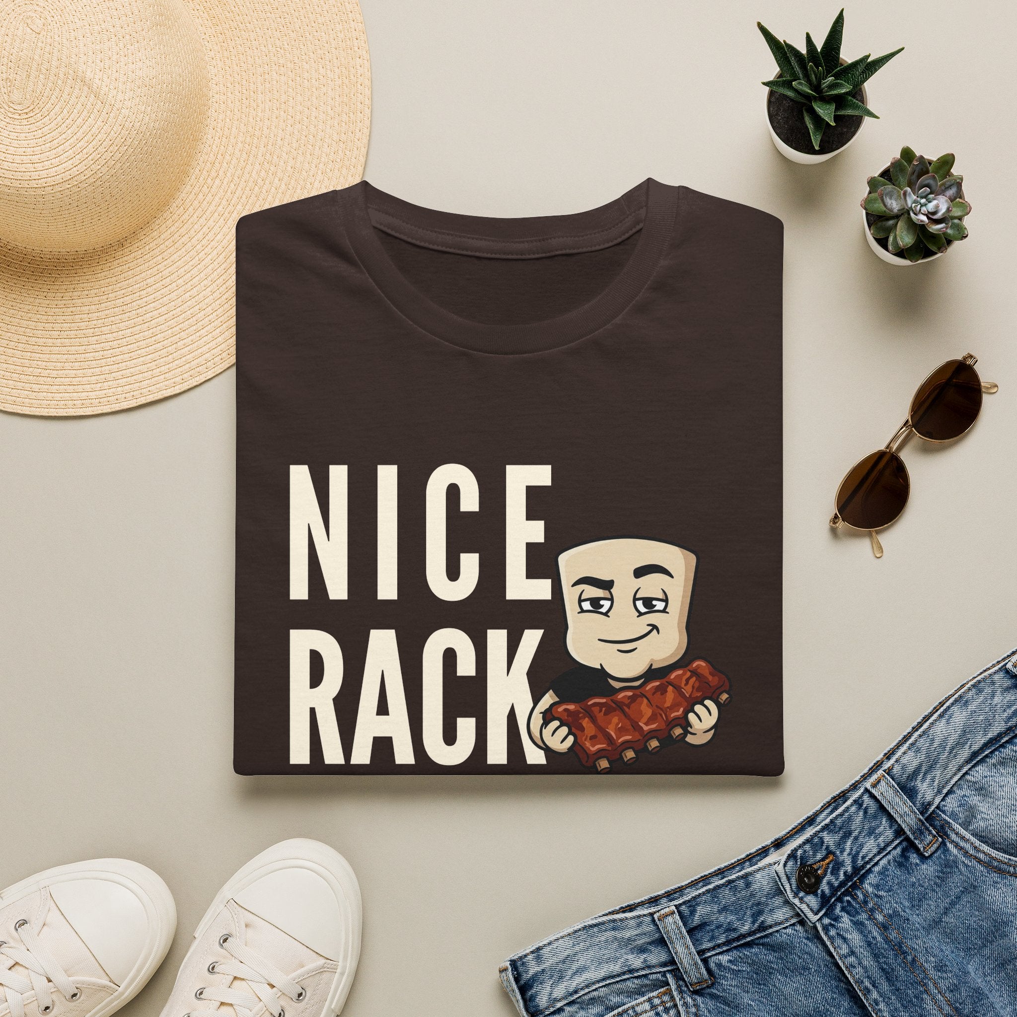 Nice Rack T-Shirt | Funny BBQ Ribs Grilling Tee | Cookout Humor Food Pun Gift