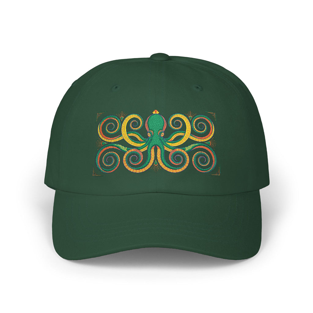 Octopus Swirl Dad Cap — Nautical Green & Gold Embroidered Baseball Hat