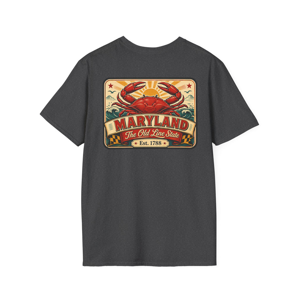 Dark heather T-shirt with rectangular crab and Maryland graphic on the chest
