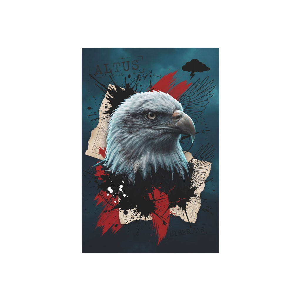 Adler-Wandposter mit Blick nach rechts, Flügeln und Spritzgrafik in Schwarz/Rot/Teal