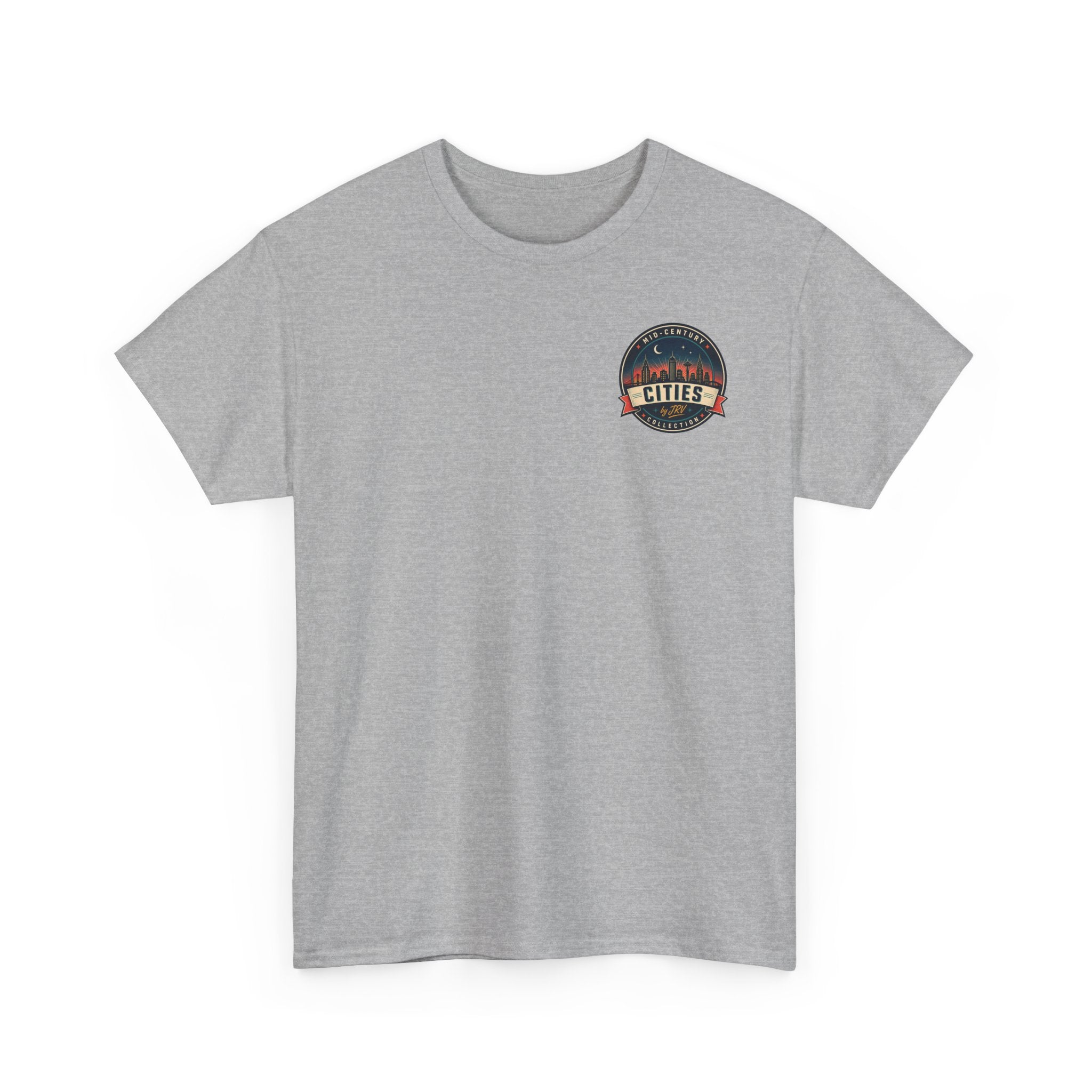 Heather grey T-shirt with small circular Cities badge graphic at the left chest