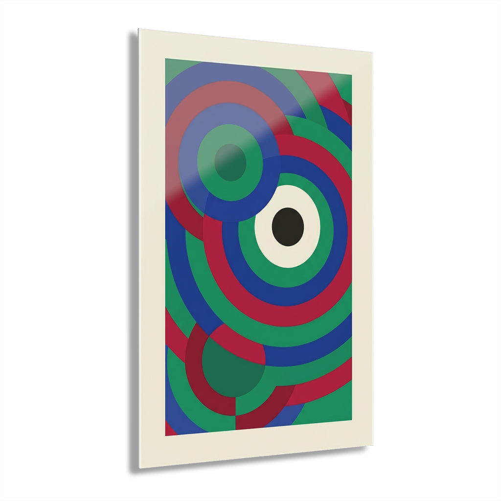 Framed concentric circles print with overlapping geometric rings in blue, green and red