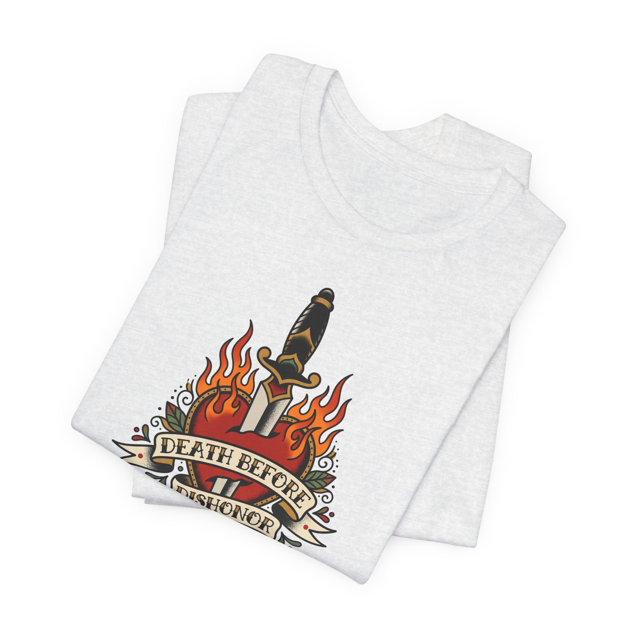 Heather gray T-shirt with flaming dagger and banner graphic at chest.