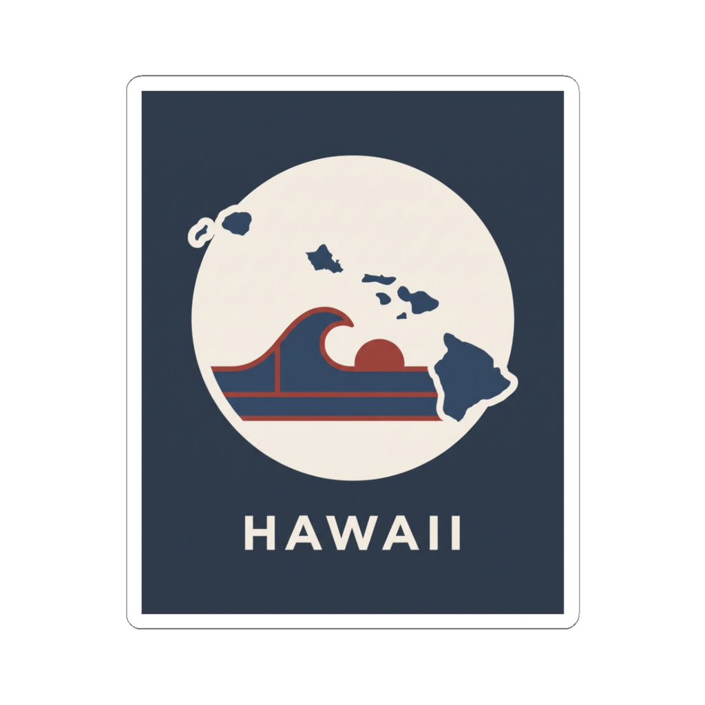 Navy square kiss-cut sticker with white circle, Hawaii text, surf wave badge