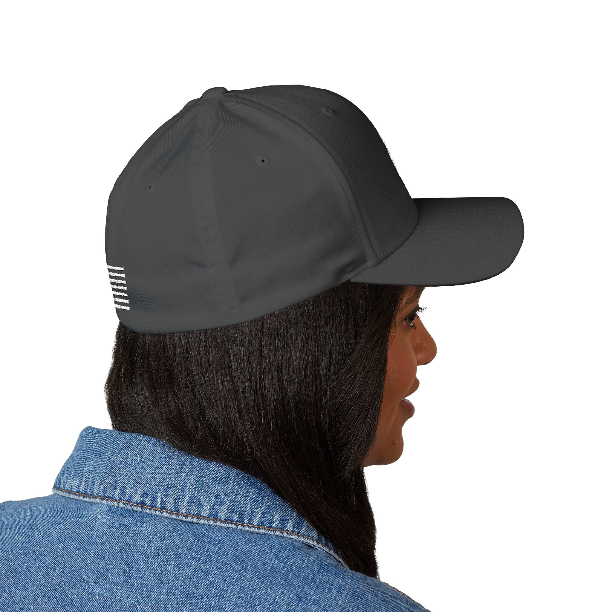 Dark gray/black baseball cap with white striped patch on the left side