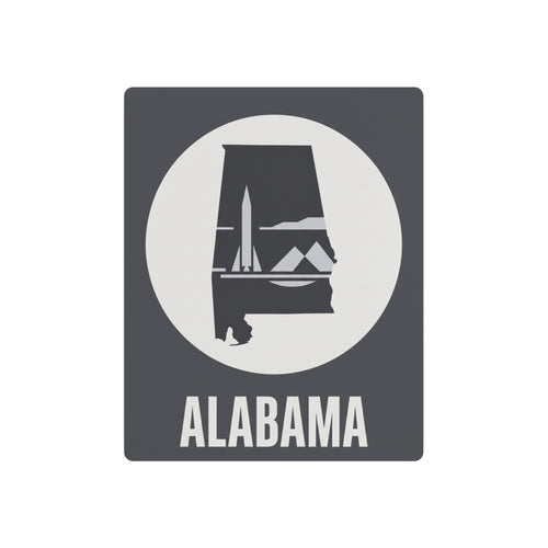 Alabama rocket skyline metal wall art with circular emblem, rustic aluminum finish